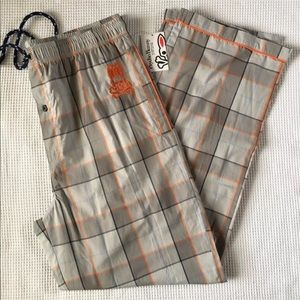 New Psycho Bunny Lounge Pants L Orange Gray Plaid